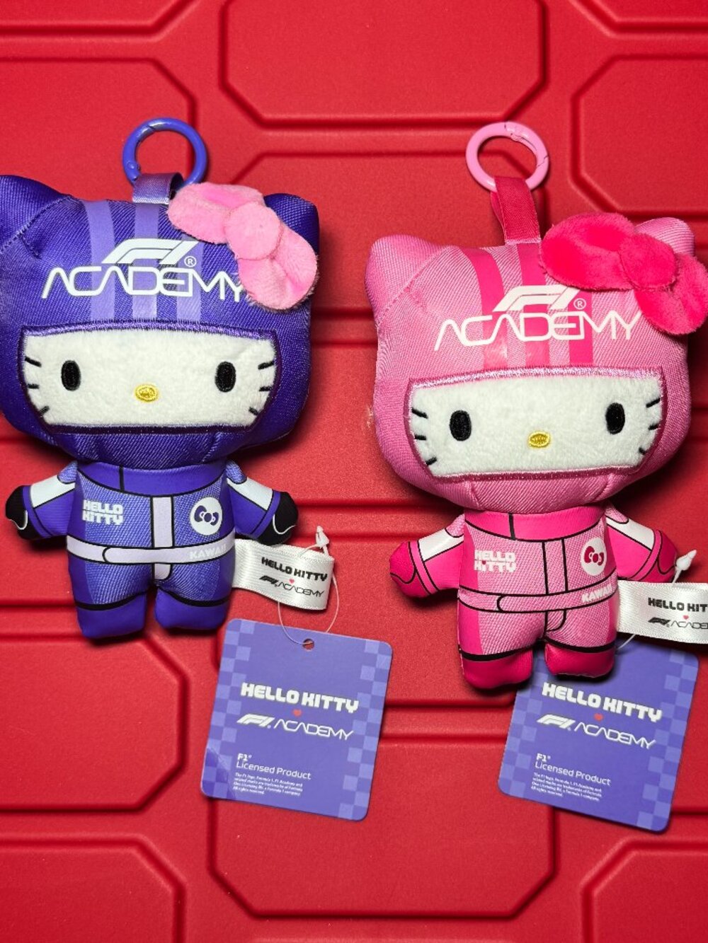 Hello Kitty x F1 Academy Plush Bag Charm Keychain Set (Pink & Purple Set of 2)